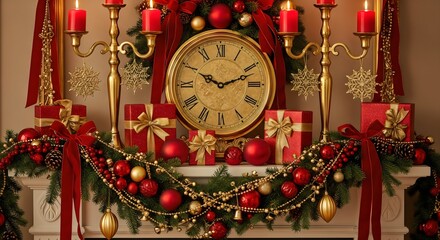 Vintage clock surrounded by Christmas decorations, candles, ornaments, and greenery, symbolizing holiday countdown in a warm festive setting