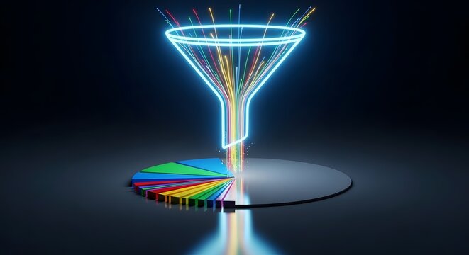 Data funnel transforming information into insights with pie chart below it