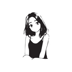 Beautiful Kawaii Girl Black and White Vector Illustration in Cute Simple Line Art Style