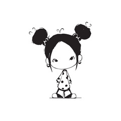 Beautiful Kawaii Girl Black and White Vector Illustration in Cute Simple Line Art Style