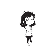 Beautiful Kawaii Girl Black and White Vector Illustration in Cute Simple Line Art Style