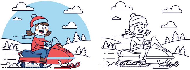 Vector illustration of happy girl riding red snowmobile in winter landscape. Set of colored image and black and white outline for coloring book page.