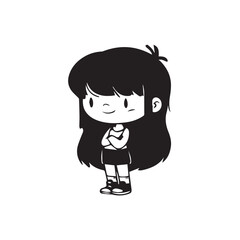 Beautiful Kawaii Girl Black and White Vector Illustration in Cute Simple Line Art Style