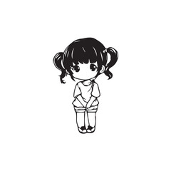 Beautiful Kawaii Girl Black and White Vector Illustration in Cute Simple Line Art Style