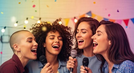 Four friends happily singing together at a karaoke party with colorful confetti falling around them