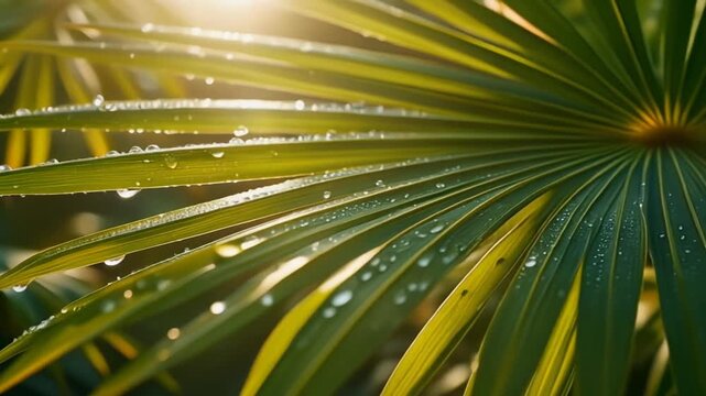 A close-up view of a palm frond with dew drops glistening in the sunlight, highlighting the intricate details of the leaf's texture and structure.
