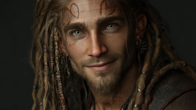 Rugged young caucasian male with dreadlocks and facial tattoos smiling