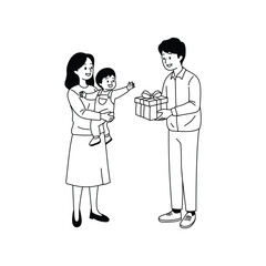 Minimalist Family Line Art of Parents Giving Gift to Child Simple Black and White Vector Illustration