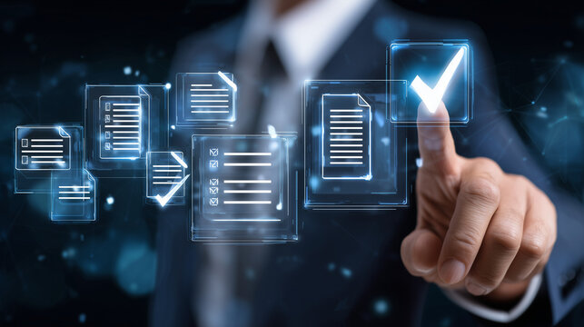Businessman selecting digital checklist icons on a futuristic interface. Concept of task approval, workflow optimization, compliance validation and corporate technology solutions