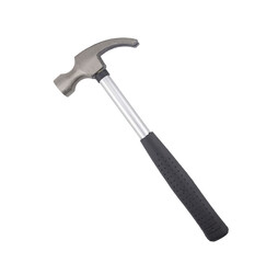 A claw hammer with a metal head, steel shaft, and black rubber grip isolated on a white background, ideal for construction, woodworking, home repair, and DIY tasks requiring strength and precision.