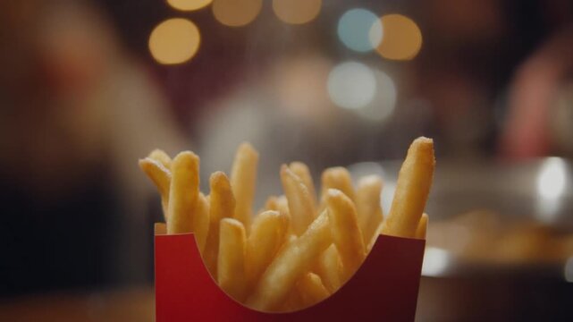 A close-up view of golden, crispy french fries in a vibrant red carton, perfectly portioned for a delightful and satisfying snack experience in a cozy, blurred urban setting