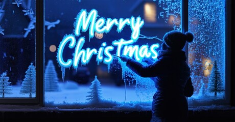 Child views snowy landscape, bright Merry Christmas neon sign illuminates window. Festive winter scene evokes holiday spirit.