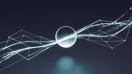 Abstract network illustration featuring a sphere with connecting lines and dots design