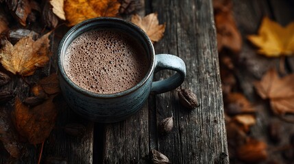Top-down view of a warm mug of creamy hot chocolate on a rustic wooden park bench, surrounded by colorful autumn leaves with a wisp of steam.
