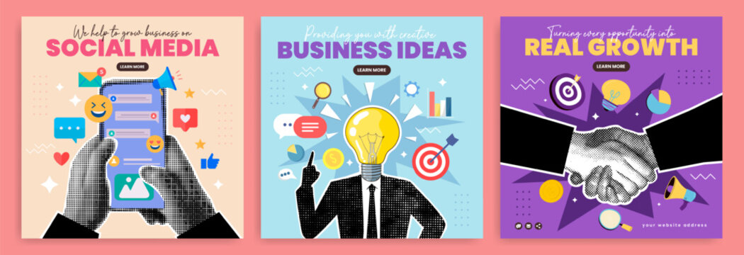 Social media promotion banner with torn halftone hand paper sticker, business infographic, mobile phone, message and light bulb icon. Finance idea, money investment success and digital marketing post. - Powered by Adobe