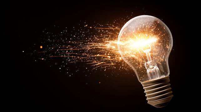 Creative concept of a lightbulb emitting dynamic sparks, symbolizing innovation, breakthrough ideas, inspiration, energy, creativity boost and powerful flashes of imagination