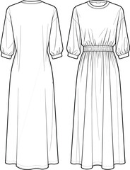 Women's dress fashion flat, technical sketch front and back, puff sleeve midi dress, smocked waist, apparel design template, vector illustration, cad