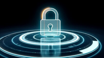 Futuristic digital padlock symbolizing cybersecurity, glowing in a high-tech interface with data circles - Powered by Adobe