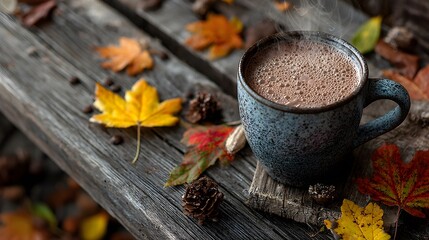Top-down view of a warm mug of creamy hot chocolate on a rustic wooden park bench, surrounded by colorful autumn leaves with a wisp of steam.