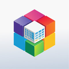 Fototapeta premium Isometric Cube Structure with Central Building Colorful Block Design