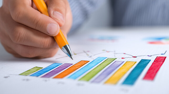 A close-up hand reviews a colorful bar chart with financial data, representing analysis, business growth, market strategy, performance metrics, investment planning and corporate decision making