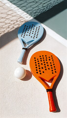 Padel Rackets and Ball on Court | Orange Blue Paddles in Sunlight | Summer Sport Lifestyle Concept | Close-up Macro