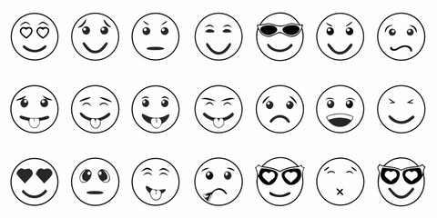 Collection of various black and white outline smiley face icons expressing different emotions and moods
