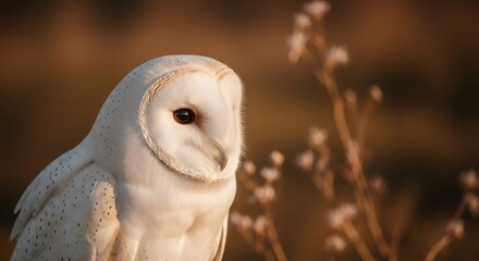 Barn owl with detailed white plumage and dark eye against a warm blurred background with subtle dried plants, concept for wildlife, nature, or animal conservation.