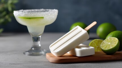 Refreshing Boozy Popsicle Beside a Margarita Glass with Limes and a Wooden Board