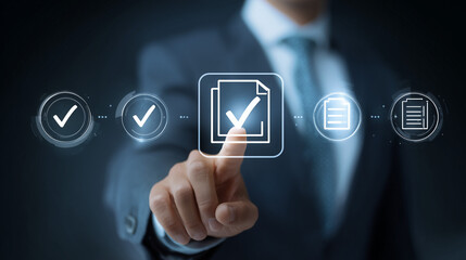 Hand tapping a digital approval icon on a tablet, representing online validation, secure authorization, workflow efficiency, digital compliance and modern business processes