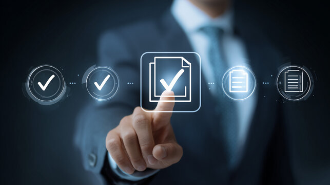 Hand tapping a digital approval icon on a tablet, representing online validation, secure authorization, workflow efficiency, digital compliance and modern business processes