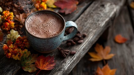 Top-down view of a warm mug of creamy hot chocolate on a rustic wooden park bench, surrounded by colorful autumn leaves with a wisp of steam.
