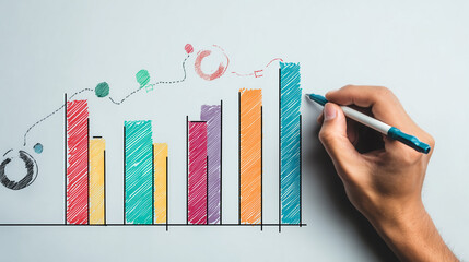 Hand drawing a colorful bar chart with rising data trends, symbolizing analytics, business growth, financial planning, performance tracking and creative statistical presentation