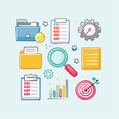 Business and Work Icons Folder, Checklist, Gear, Magnifying Glass, and Target - Flat Design