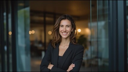 A confident woman stands in a modern office space, exuding professionalism and approachability. Ideal for business-related visuals.