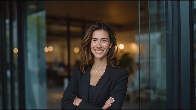 A confident woman stands in a modern office space, exuding professionalism and approachability. Ideal for business-related visuals.