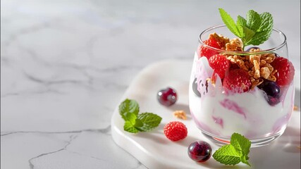 Glass with yogurt parfait layered with granola and fresh berries, creating a vibrant and healthy breakfast or snack option video 4k