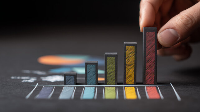 Gráfico de barras coloridas sendo montado por uma mão, simbolizando planejamento estratégico, análise de resultados, crescimento corporativo e metas de negócios