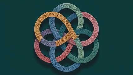 Stylized Celtic Knot Swirl with Metallic Thread Texture and Interwoven Soft Loops Background