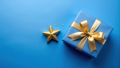 Gift presentation blue background gift box festive atmosphere top view celebration concept for special occasions