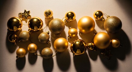 Close-up shot of shimmering gold Christmas baubles with warm reflections, soft bokeh lights, and luxurious holiday decoration details.
