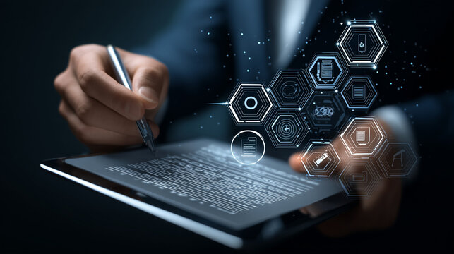 Profissional usando caneta digital em tablet com interface hologr&aacute;fica, representando tecnologia avan&ccedil;ada, produtividade, inova&ccedil;&atilde;o, automa&ccedil;&atilde;o e gest&atilde;o moderna em ambiente corporativo