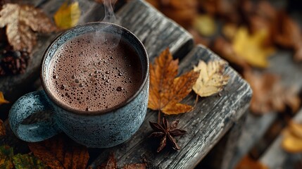 Top-down view of a warm mug of creamy hot chocolate on a rustic wooden park bench, surrounded by colorful autumn leaves with a wisp of steam.