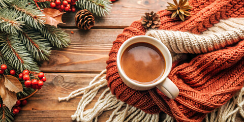 Steaming hot cappuccino in white cup on cozy orange knitted scarf with pine branches, berries, and pine cones on wooden table, representing winter warmth and festive comfort