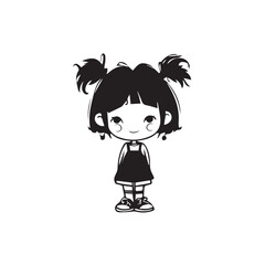 Beautiful Kawaii Girl Black and White Vector Illustration in Cute Simple Line Art Style