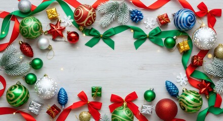 Colorful Christmas arrangement featuring green ribbon, small ornaments, pine branches, and festive decor scattered beautifully on a bright white background