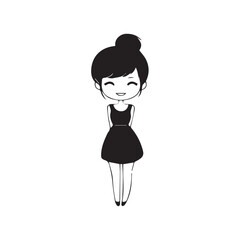 Beautiful Kawaii Girl Black and White Vector Illustration in Cute Simple Line Art Style