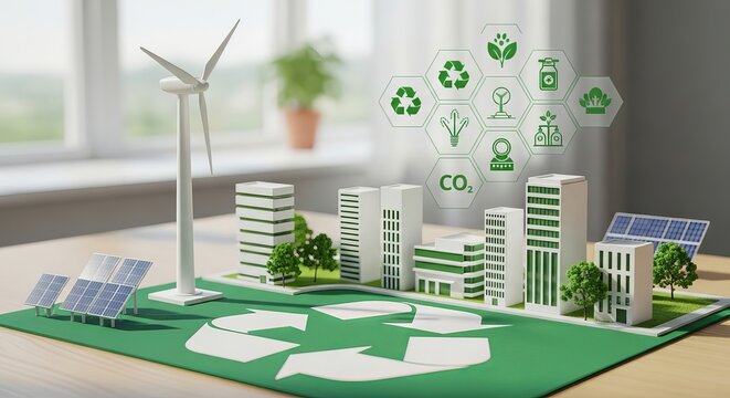 Miniature eco city model with wind turbine and solar panels display