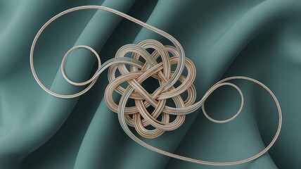 Intricate Celtic Knot Design in Shimmering Gold, Silver, and Bronze Metallic Thread on Teal Background