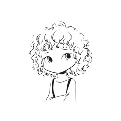 Beautiful Kawaii Girl Black and White Vector Illustration in Cute Simple Line Art Style